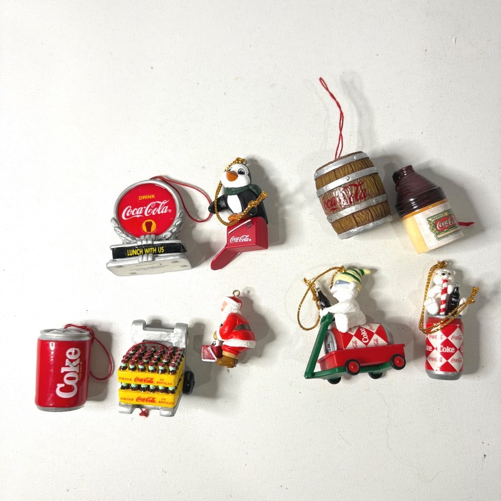 Vintage Coca-Cola mini Christmas Ornament Lot Polar Bear Santa Soda Can 8pc